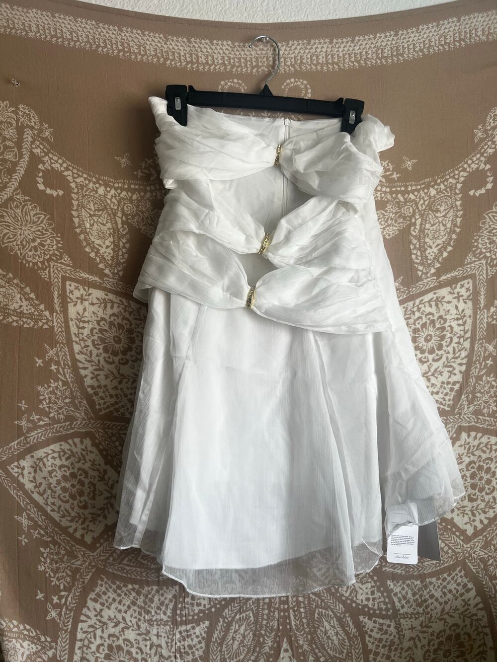 NWT Miss Rosier White Chiffon Strapless Mini Dress with Gold Rhinestone Details